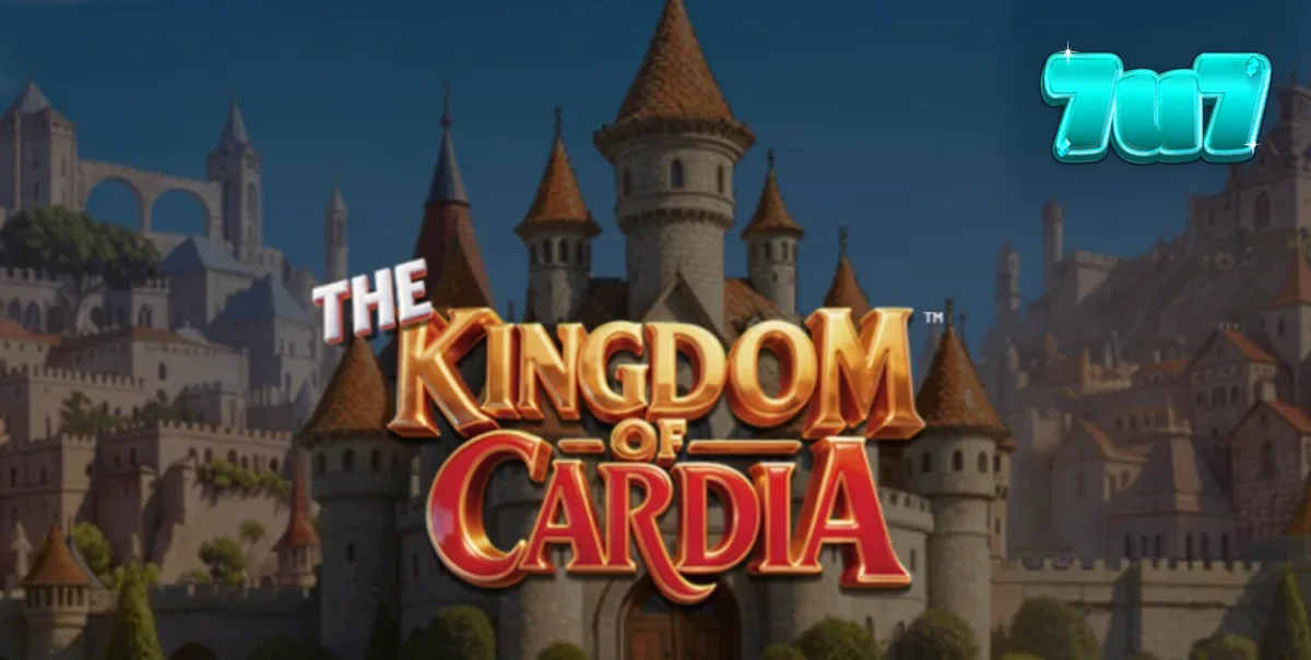 The Kingdom of Cardia slot game interface showing fantasy card characters and garden background.